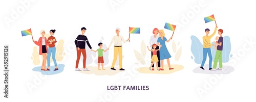 LGBT lesbians and gays family couples, flat vector illustration isolated.
