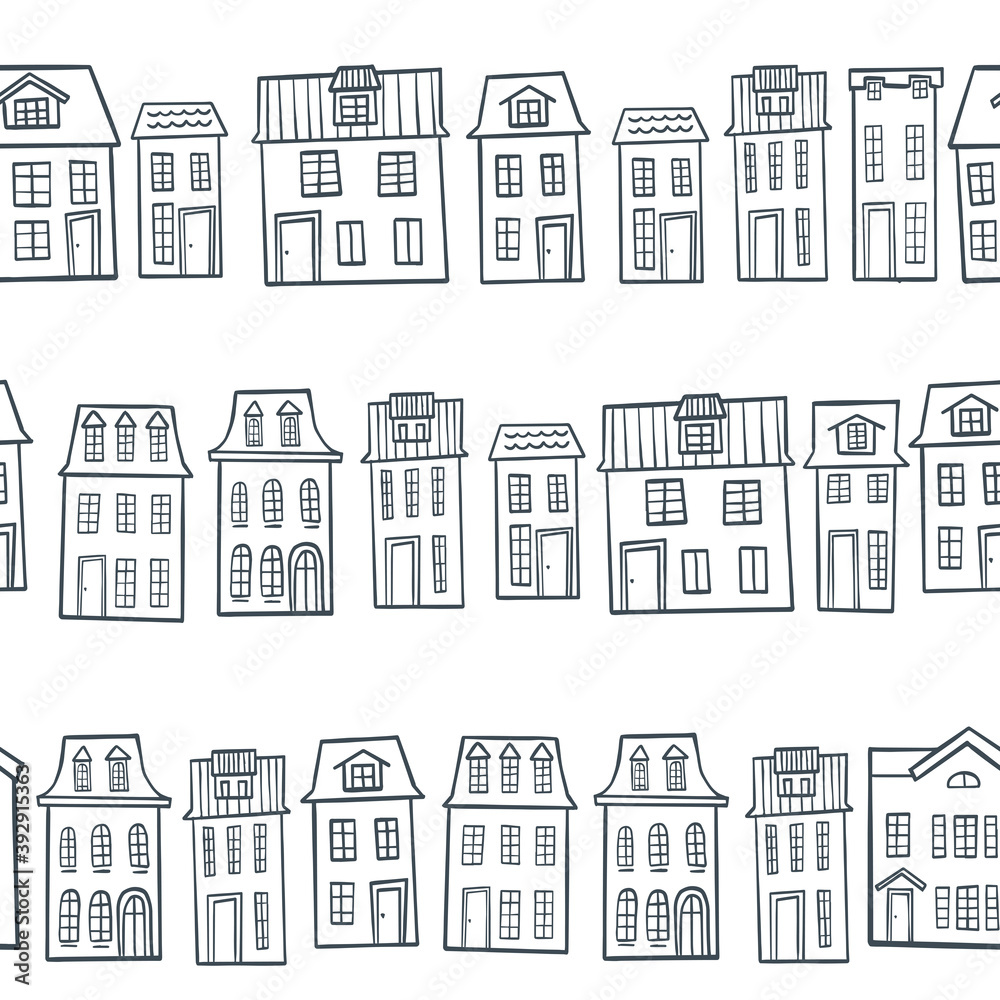 Pattern with old european houses isolated on vintage background. Hand drawn sketch in doodle style. Vector image, clipart, editable details. 