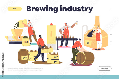 Brewing industry landing page concept with beer production process