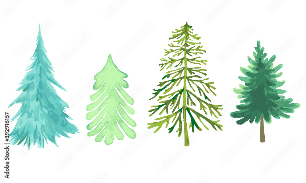 Colorful Christmas trees collection, different forms of species, watercolor green and blue color,  as symbol Happy New Year, Merry Christmas holiday celebration.
