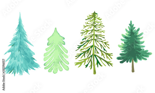 Colorful Christmas trees collection, different forms of species, watercolor green and blue color, as symbol Happy New Year, Merry Christmas holiday celebration.