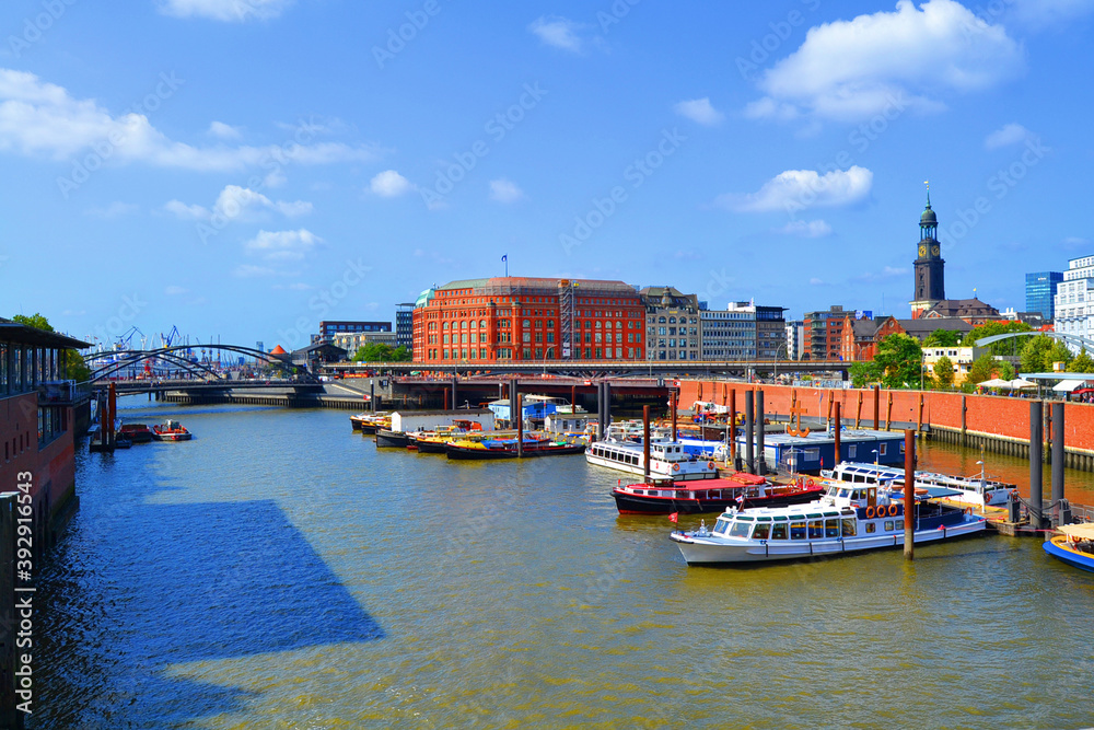 Fototapeta premium Cityscape of Hamburg (harbour, ships, bridges and railway). Germany.