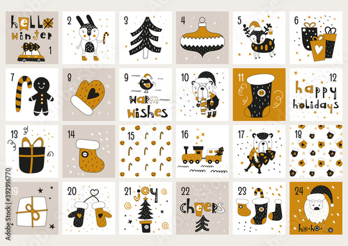 Gold and black Advent calendar with cute scandinavian woodland animals, Santa Claus, Christmas elements. Printable vector illustration. Landscape format.