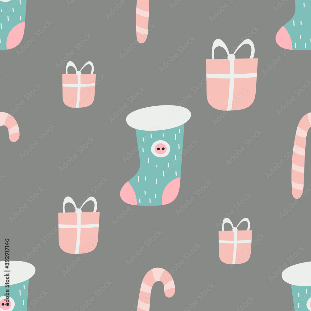 Seamless pattern for Christmas design in Scandinavian style. Christmas stocking, candy cane, presents. Vector illustration for packaging. Pattern is cut, no clipping mask. Seamless pattern for Christmas design in Scandinavian style. Christmas stocking, candy cane, presents. Vector illustration for packaging. Pattern is cut, no clipping mask.