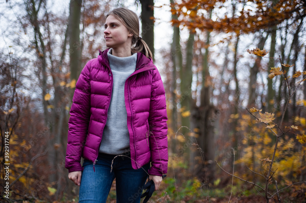 Beautiful blonde woman in autumn tourism clothes outdoor Beautiful blonde woman in autumn tourism clothes outdoor
