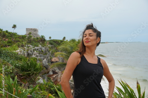 tulum, woman, swimsuit, bikini, quintana roo, mexico, hairs, model, tropical, palms, beach, sea, caraibbean, caraibi, baywatch, sexy  photo