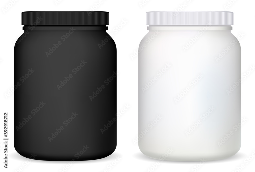 Protein jar. White plastic supplement bottle vector blank. Whey powder container, matte round mockup. Pill capsule cylinder package. Gym nutricional vitamins can. Casein canister for muscle sport Protein jar. White plastic supplement bottle vector blank. Whey powder container, matte round mockup. Pill capsule cylinder package. Gym nutricional vitamins can. Casein canister for muscle sport