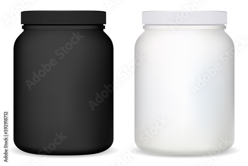 Protein jar. White plastic supplement bottle vector blank. Whey powder container, matte round mockup. Pill capsule cylinder package. Gym nutricional vitamins can. Casein canister for muscle sport