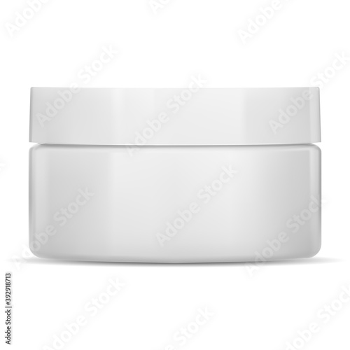 White cream jar. Plastic cosmetic container, vector mockup. Face skin care creme package, front view. Round clear glossy makeup pot for cover or logo. Isolated powder pack mockup