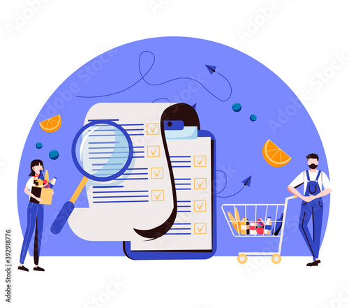 Healthy foods list vector illustration. Nutrition products. Full shopping cart and flat tiny person concept. Eating balanced meals with vitamins, greens, fresh vegetables and fruits. 