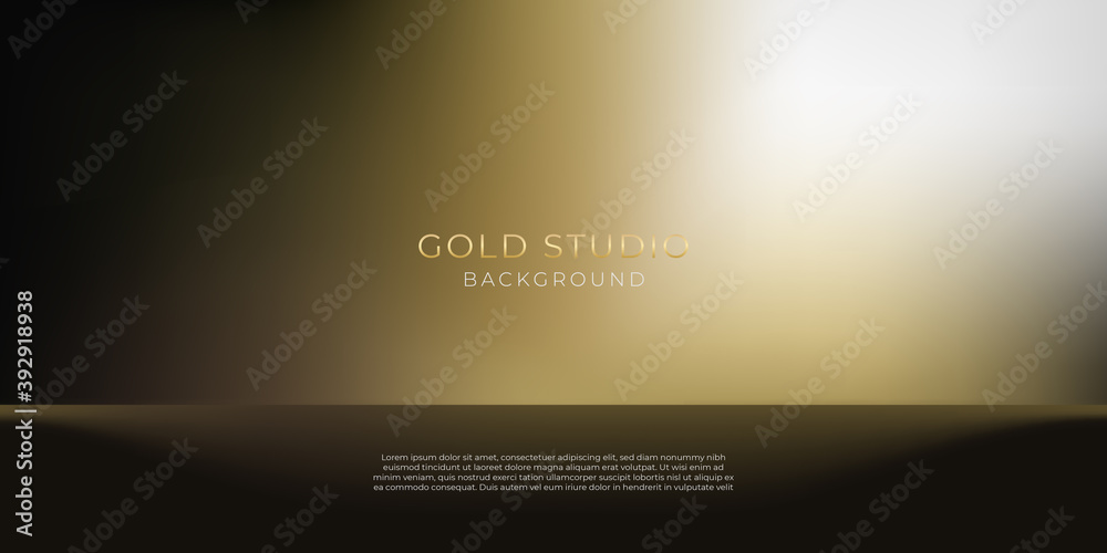 Gold black studio room abstract background with white light, rays, smokes, and shiny golden light.