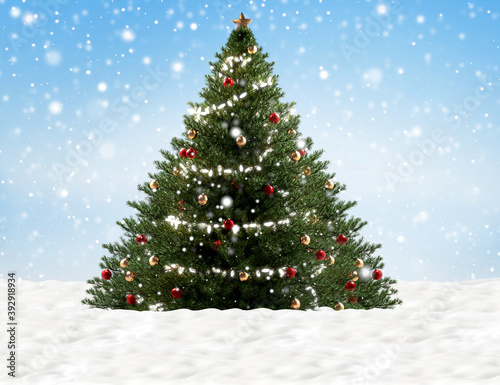 christmas tree outdoor with snow under blue sky background 3d-illustration
