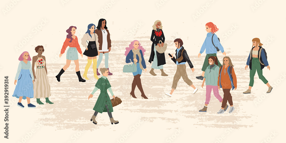 Obraz premium Big group of women of different nationalities and races. Modern women. Vector flat illustration in cartoon style