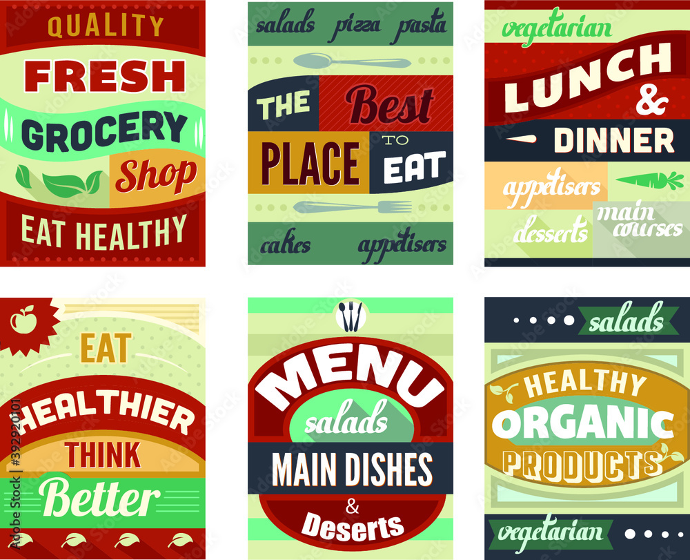 Set of vector different type of food advertiser stamp and label