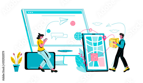 Banner for online shopping and delivery tracking using mobile device with buyer and deliver, flat cartoon vector illustration isolated on white background. Internet purchasing and cargo tracking.