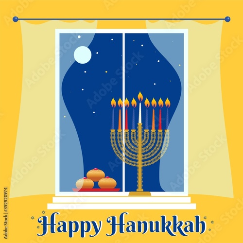 Hanukkah, Festival of Lights Jewish holiday greeting card with hanukkah traditional candelabra or menorah, candles, donuts, house window and night sky .Happy Hanukkah lettering. Vector illustration.