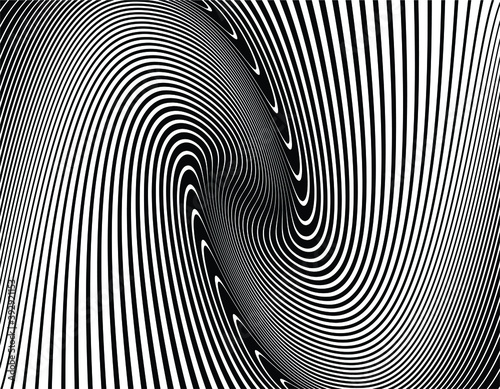  Line art optical art. Psychedelic background. Monochrome background. Optical illusion style. Black dark background. Modern pattern. Abstract graphic texture. Graphic ornament. Vector template
