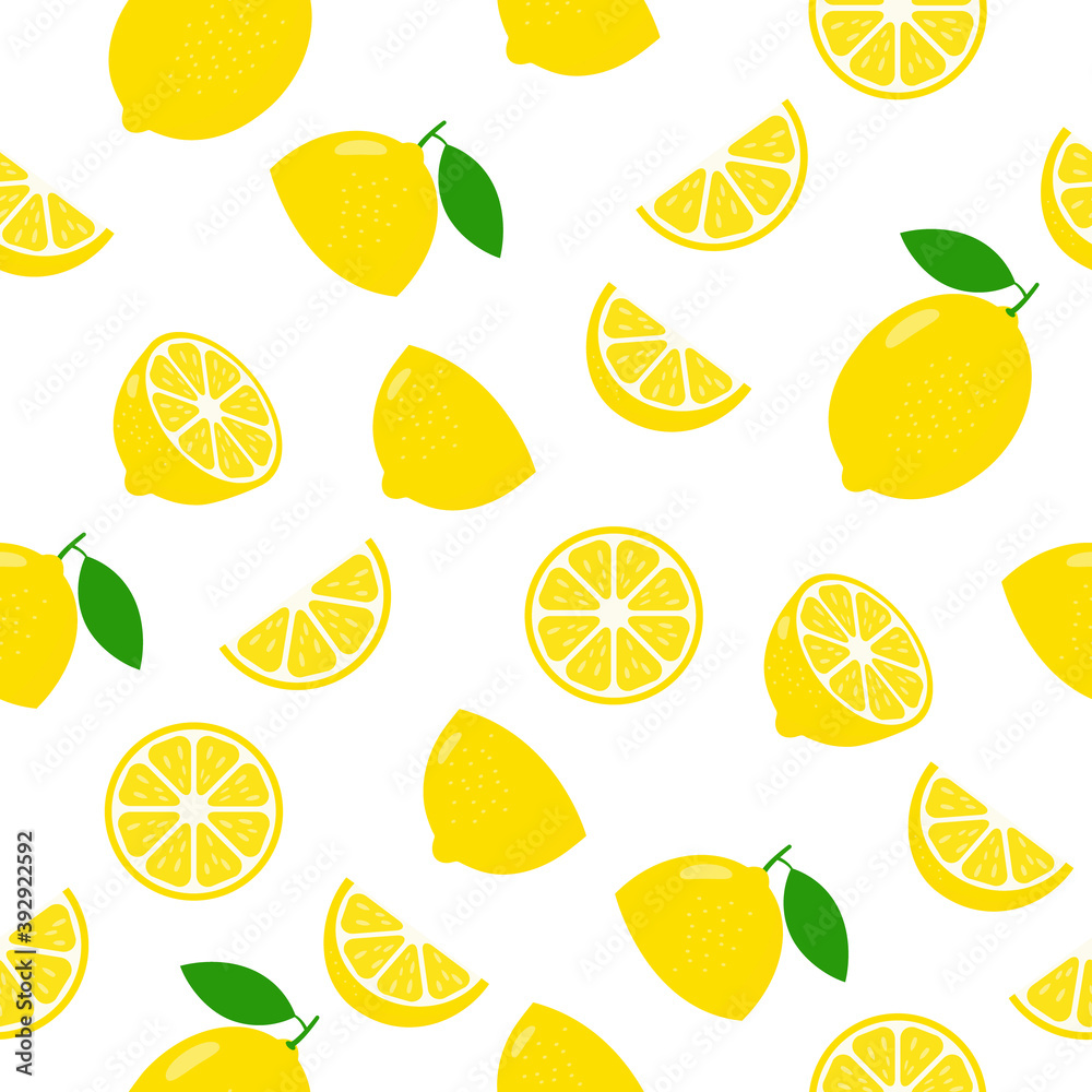 Fresh lemon seamless background. Pattern citrus with slices vector illustration isolated on white. 