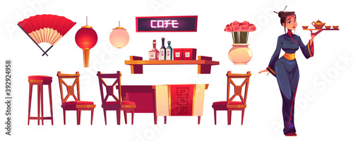 Chinese restaurant staff and stuff isolated set. Waitress in traditional costume with tray, asian cafe decor, lantern, fan, shelf with condiments, wooden table and chairs, Cartoon vector illustration