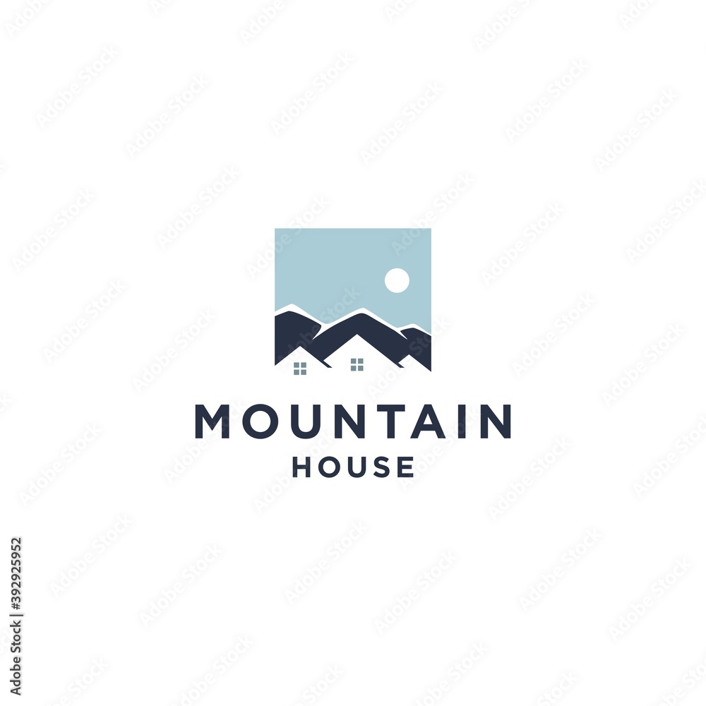 mountain view house residential property logo design vector icon illustration, villa hotel icon with hill view background mountain view house residential property logo design vector icon illustration, villa hotel icon with hill view background