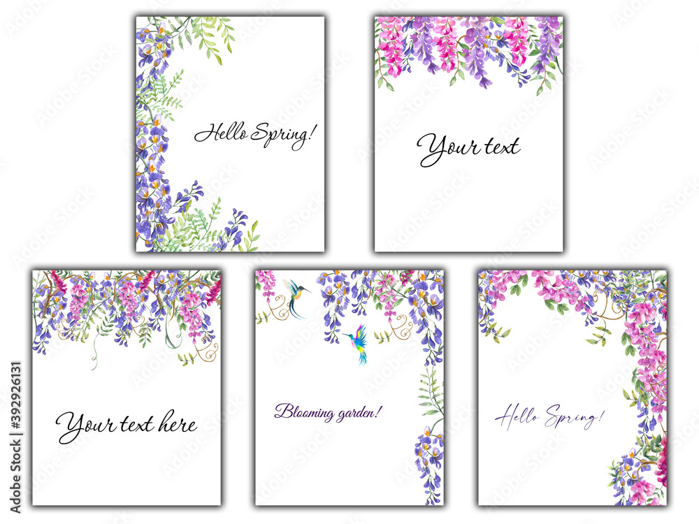 Watercolor illustration. Set of spring frames from wisteria flowers. Frames in purple and pink colors with green leaves. Templates for text.
