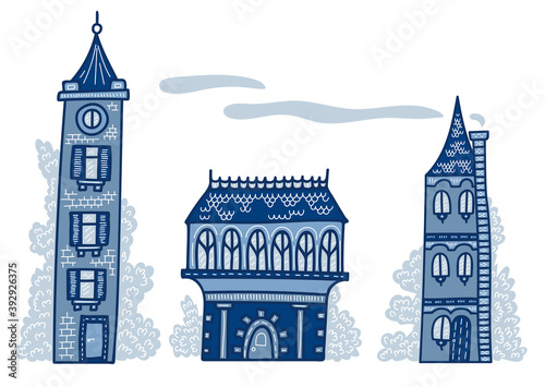 Vintage city houses. Hand drawn vector doodle. Set of illustrations with outline on white background. Design for children's book or print.