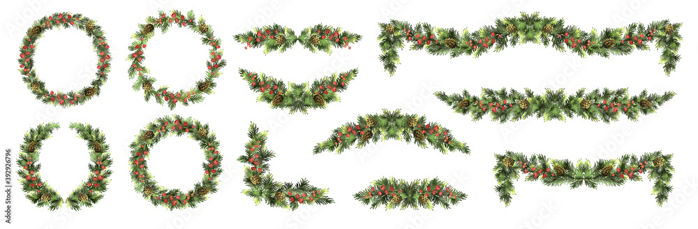 Ταπετσαρία Big set of Christmas fir garlands with red berries and cones