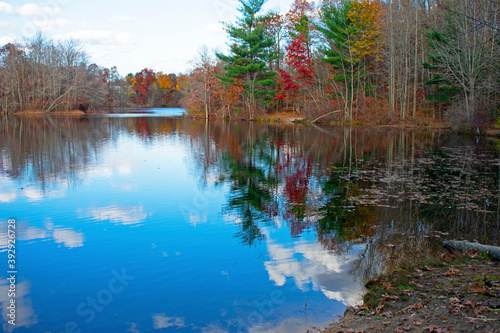 Fototapeta Naklejka Na Ścianę i Meble -  Cumulus clouds and autumn foliage reflected in the calm waters of a small lake in East Brunswick, New Jersey, USA -01