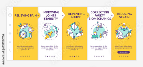 Injury recovery onboarding vector template. Physical rehabilitation. Body healthcare. Muscle pain relief. Responsive mobile website with icons. Webpage walkthrough step screens. RGB color concept
