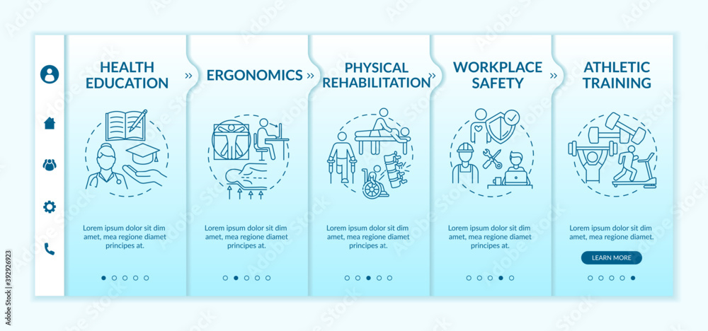 Health education onboarding vector template. Physical rehabilitation. Workplace safety. Athlete training. Responsive mobile website with icons. Webpage walkthrough step screens. RGB color concept