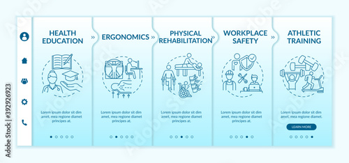 Health education onboarding vector template. Physical rehabilitation. Workplace safety. Athlete training. Responsive mobile website with icons. Webpage walkthrough step screens. RGB color concept