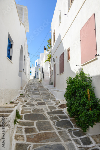 A view of whitewashed street with typical Greek architecture in Lefkes village on Paros Island  Cyclades  Greece