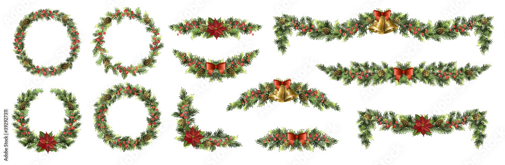 Φωτογραφία Big set of Christmas fir garlands with poinsettia, red berries, cones and jingle bells