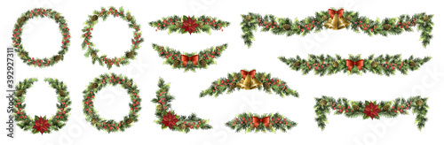Big set of Christmas fir garlands with poinsettia, red berries, cones and jingle bells.
