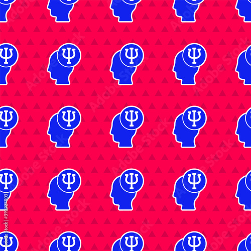 Blue Psychology icon isolated seamless pattern on red background. Psi symbol. Mental health concept, psychoanalysis analysis and psychotherapy. Vector.