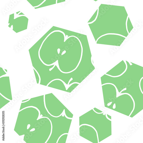 Seamless pattern illustration with green apples  in hexagons isolated on white background
