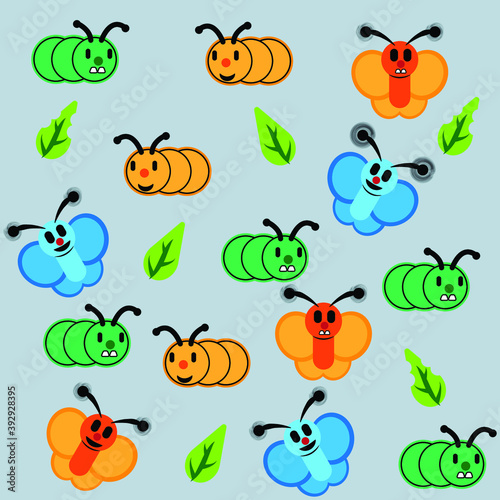 pattern of caterpillars and butterflies with leaves