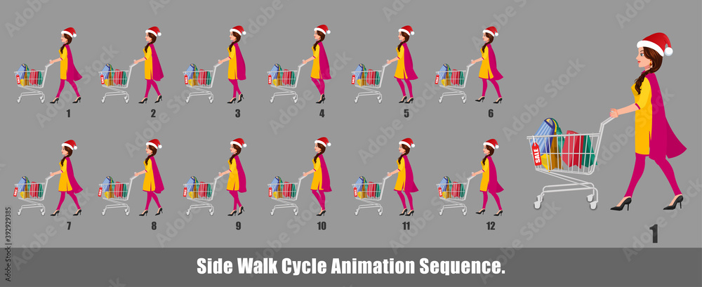Christmas Santa Girl Walk Cycle Animation, Loopable Walk cycle  anmamtion of Business Santa Girl, Santa Girl Walking With gifts animation sequence for animation, looping walk cycle animation frames.