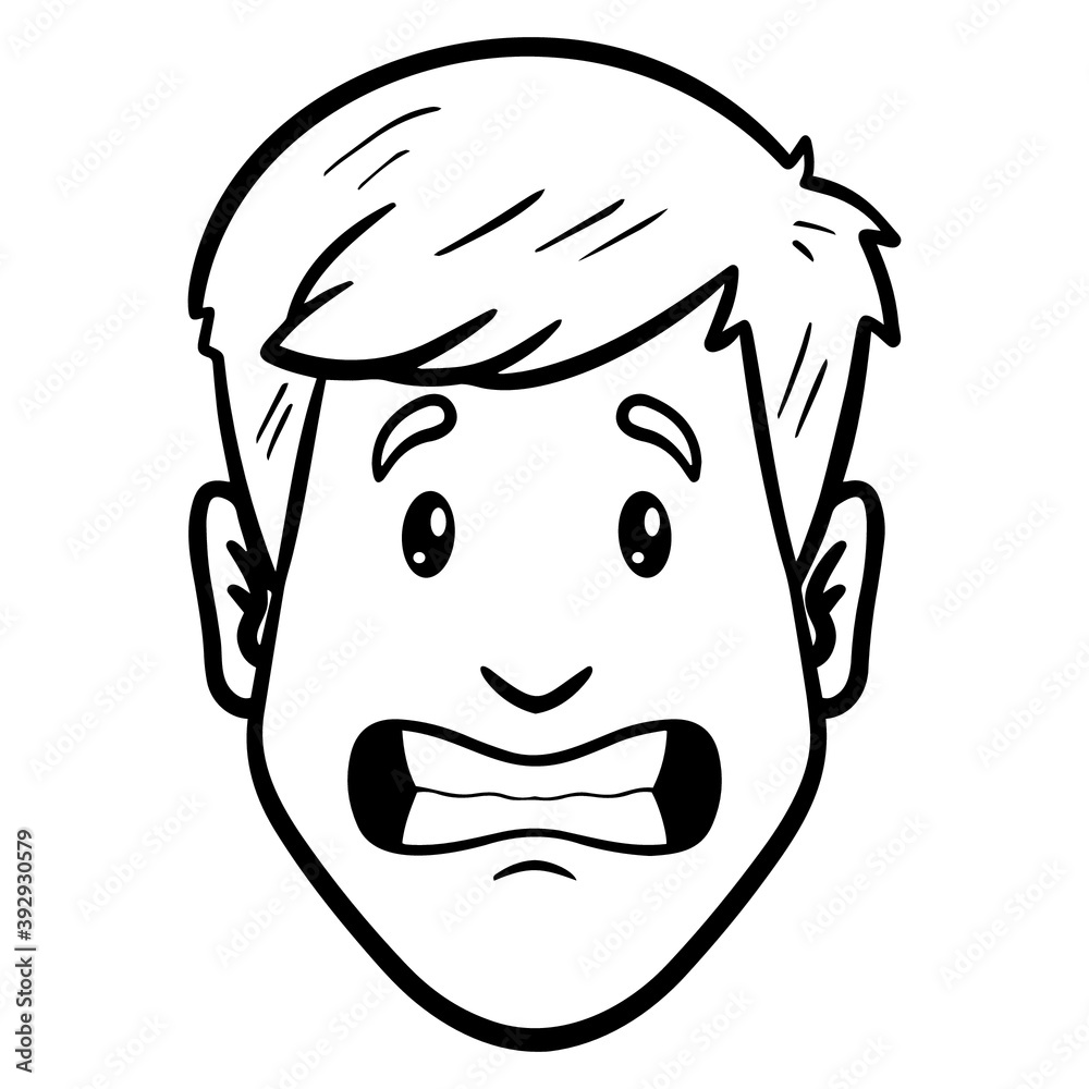 man is afraid. comic avatar, outline, monochrome. frighten, head.