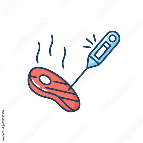 Thermometer RGB color icon. Kitchen tool to measure meat temperature. Gauge for heat. Household utensil for cooking. Food preparation. Industrial needle with sensor. Isolated vector illustration