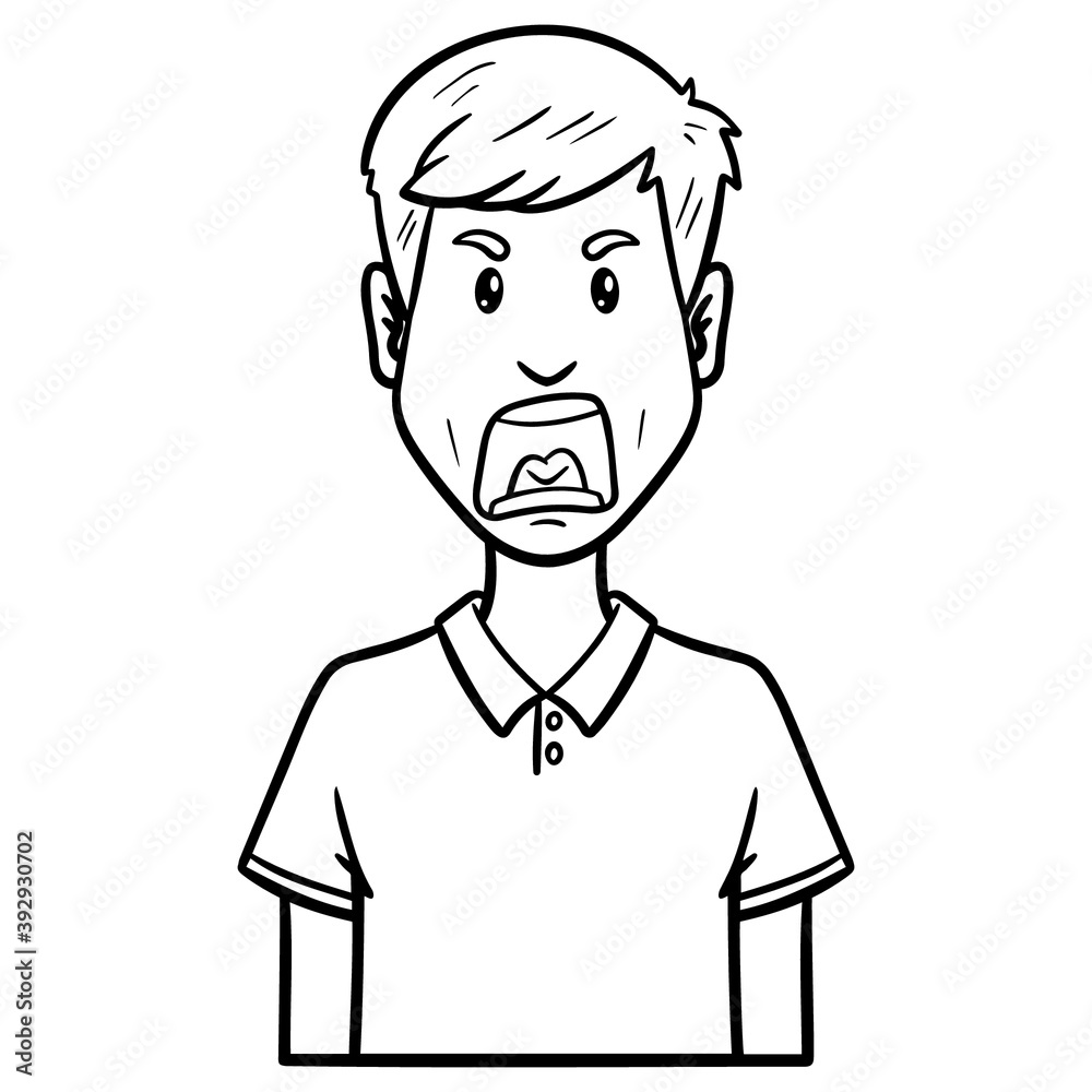 angry screaming man. outline, comic, monochrome, avatar, upper body.