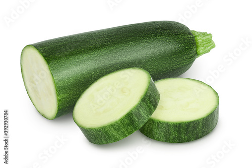 Fresh half zucchini isolated on white background with clipping path and full depth of field