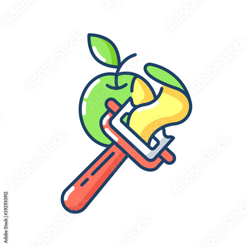 Vegetable peeler RGB color icon. Stainless instrument for serving food. Cooking utensil. Peel apple skin. Healthy recipe ingredient. Kitchen tool. Sharp knife. Isolated vector illustration