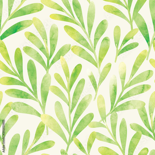 Seamless watercolor floral background. Botanical digital painted pattern. Trendy leaves illustration for fabric, wallpaper.