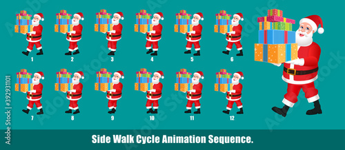 Christmas Santa Claus Walk Cycle Animation, Loopable Walk cycle  anmamtion of Business Santa Claus, Santa Claus Walking With gifts animation sequence for animation, looping walk cycle animation frames