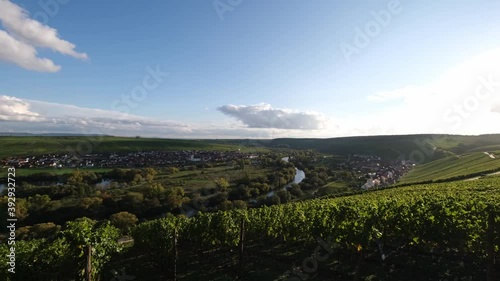 River Main Loop, view over the idyllic green vineyards near Volkach in Franconia. Beautiful sunny Mainschleife with blue sky from Castle Vogelsburg. photo