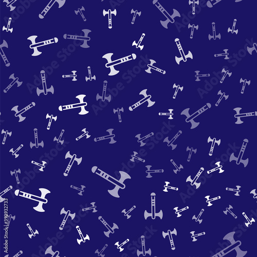 White War axe icon isolated seamless pattern on blue background. Battle axe, executioner axe. Medieval weapon. Vector.