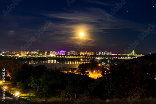 Evening view of Kiev, Ukraine, a view of the Paton Bridge and the left bank.