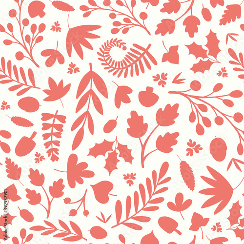 Woodland leaves and berries silhouette pattern background. Tossed Autumn vector seamless repeat design.