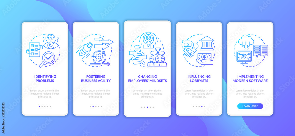 Business consulting tasks onboarding mobile app page screen with concepts. Implementing modern software walkthrough 5 steps graphic instructions. UI vector template with RGB color illustrations